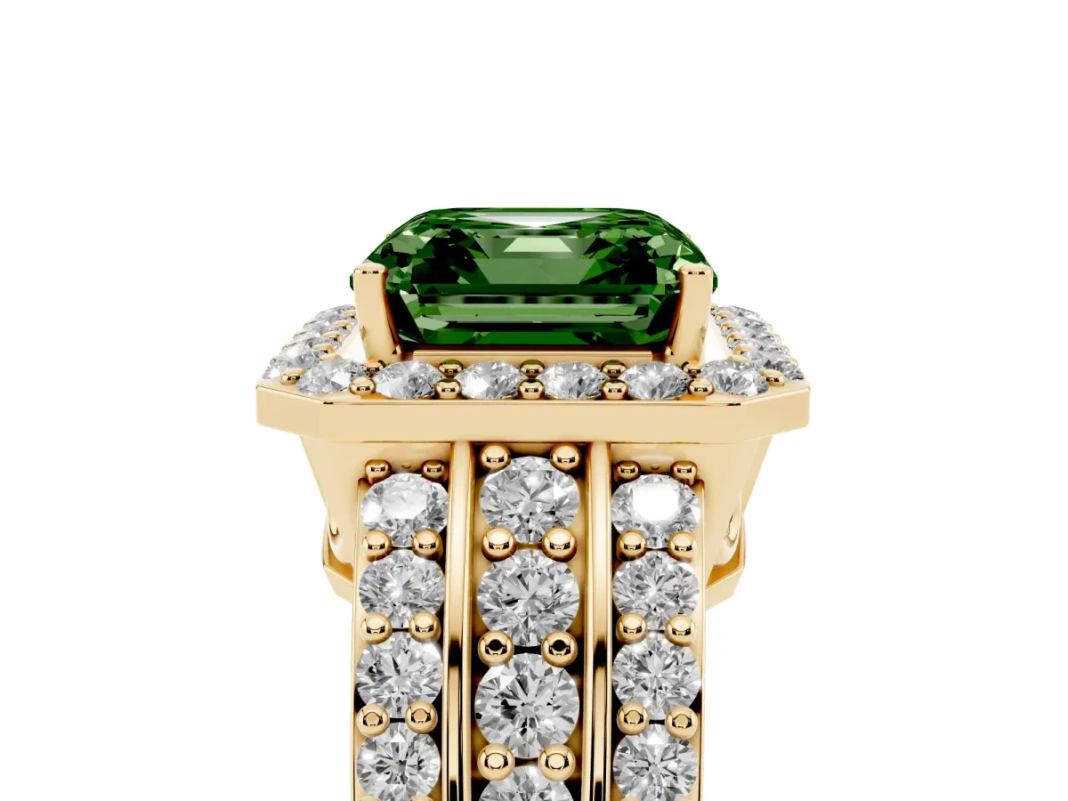 Fancy Green Asscher Cut Halo Diamond Ring with Round Split Shank and Prong Setting Yellow gold