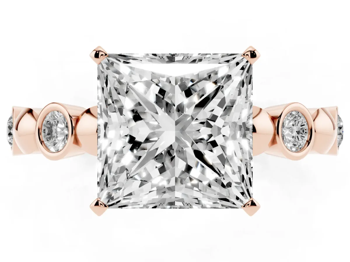 Princess Cut Solitaire Bezel-Set Diamond Ring with Beaded Band and Four-Prong Setting Rose gold