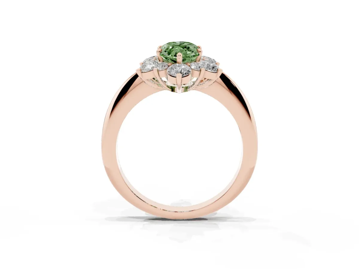 Fancy Green Marquise Cut Diamond Cluster Halo Ring with Solitaire Band and Four-Prong Setting Rose gold