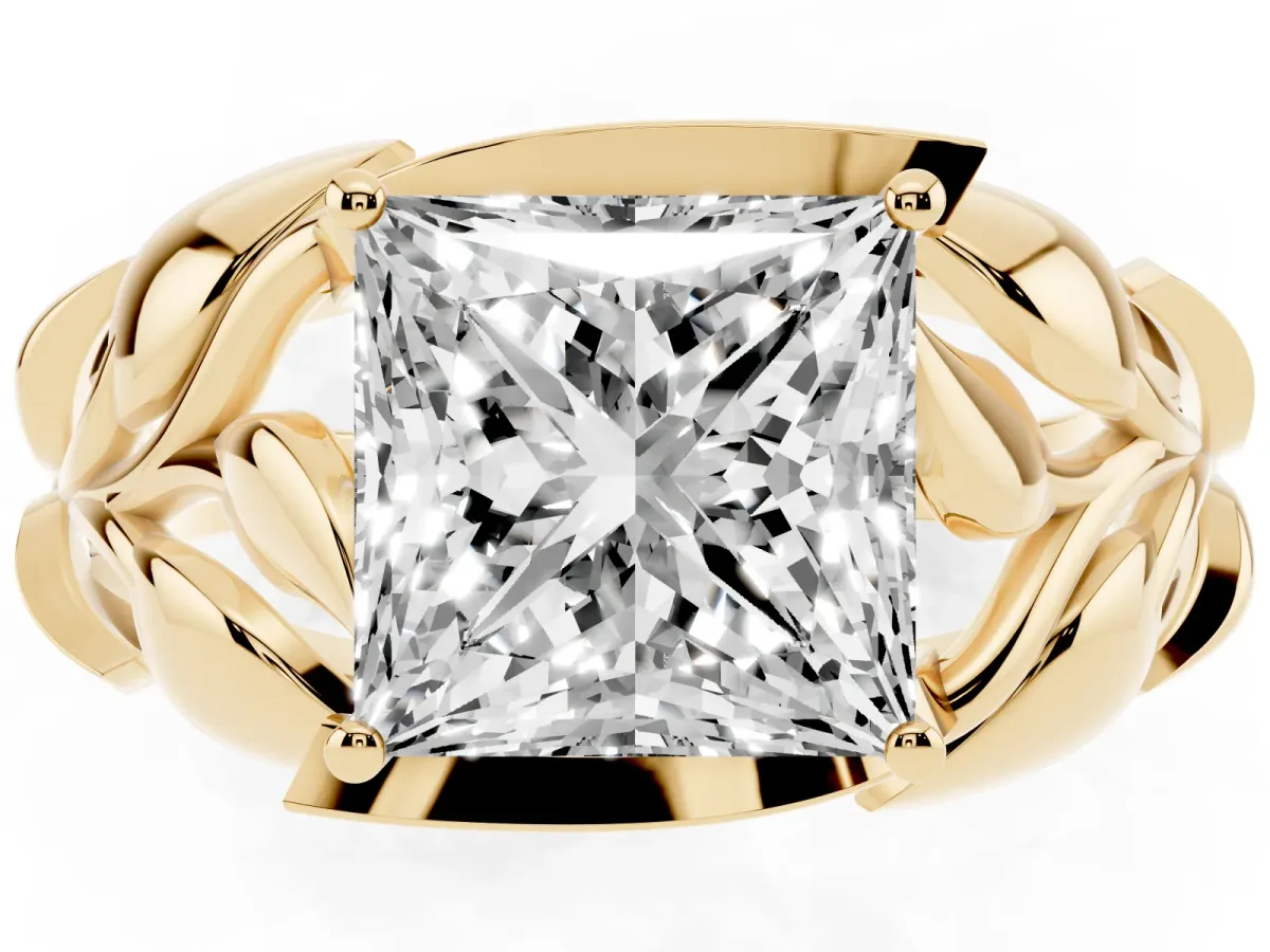 Princess Cut Diamond Leaf-Inspired Engagement Ring with Round Accents and Prong Setting Yellow gold