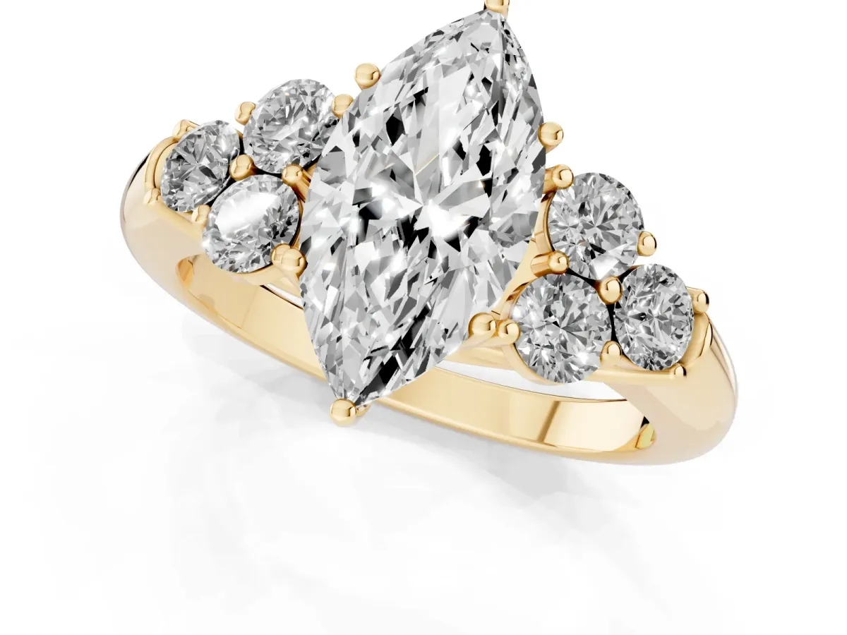 Marquise Cut Cut Diamond Cluster Ring with Round Accent Stones and Prong Setting on a Classic Band Yellow gold