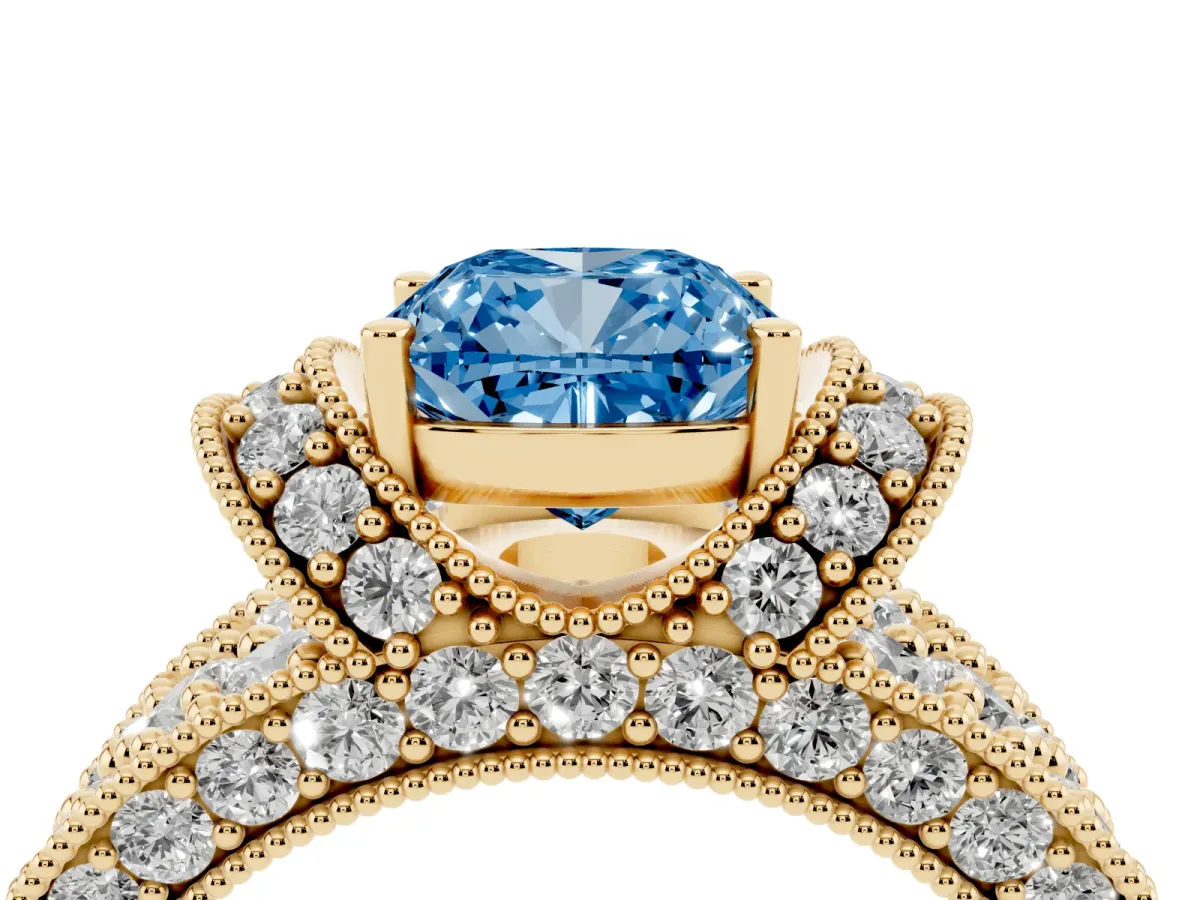 Fancy Blue Cushion Cut Halo Pave Diamond Engagement Ring with Milgrain Detailing Yellow gold