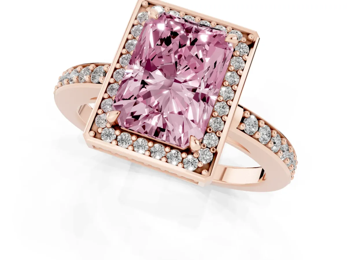 Fancy Pink Radiant Cut Halo Pave Band Solitaire Ring with Prong Setting Rose gold