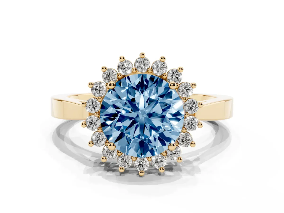 Fancy Blue Round Cut Cut Diamond Halo Ring with Round Brilliant Halo and Solitaire Band Yellow gold