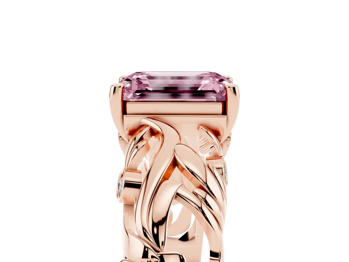 Fancy Pink Emerald Cut Solitaire Diamond Leaf-Inspired Vine Band Ring with Prong Setting Rose gold