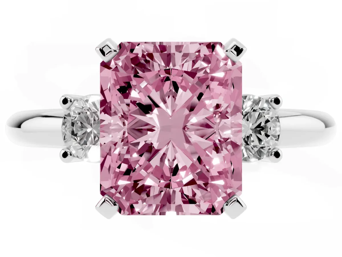 Fancy Pink Three-Stone Radiant Cut Cut Diamond Solitaire with Prong Setting and Classic Band Silver