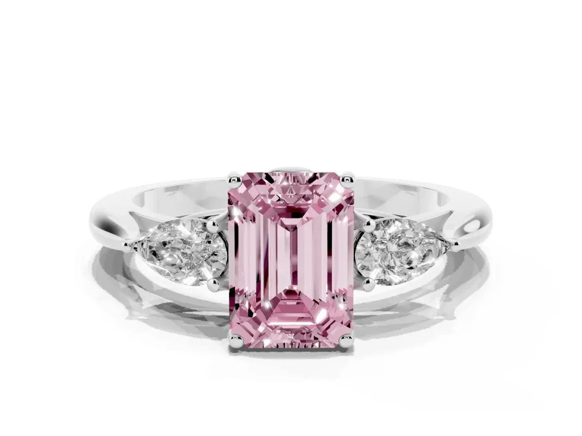 Fancy Pink Emerald Cut Diamond Three-Stone Ring with Pear Side Stones and Prong Setting Silver