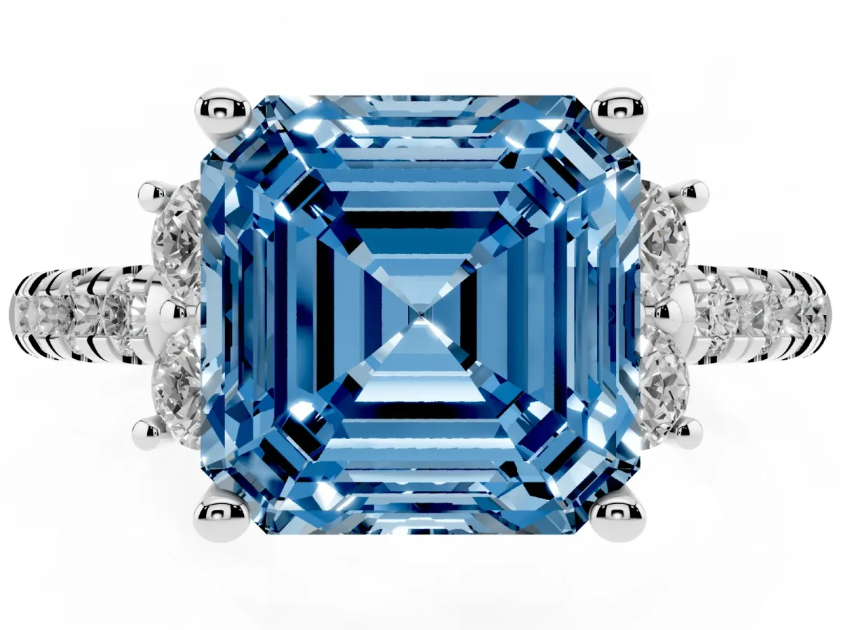 Fancy Blue Asscher Cut Diamond Three-Stone Pave Band with Four-Prong Setting Platinum
