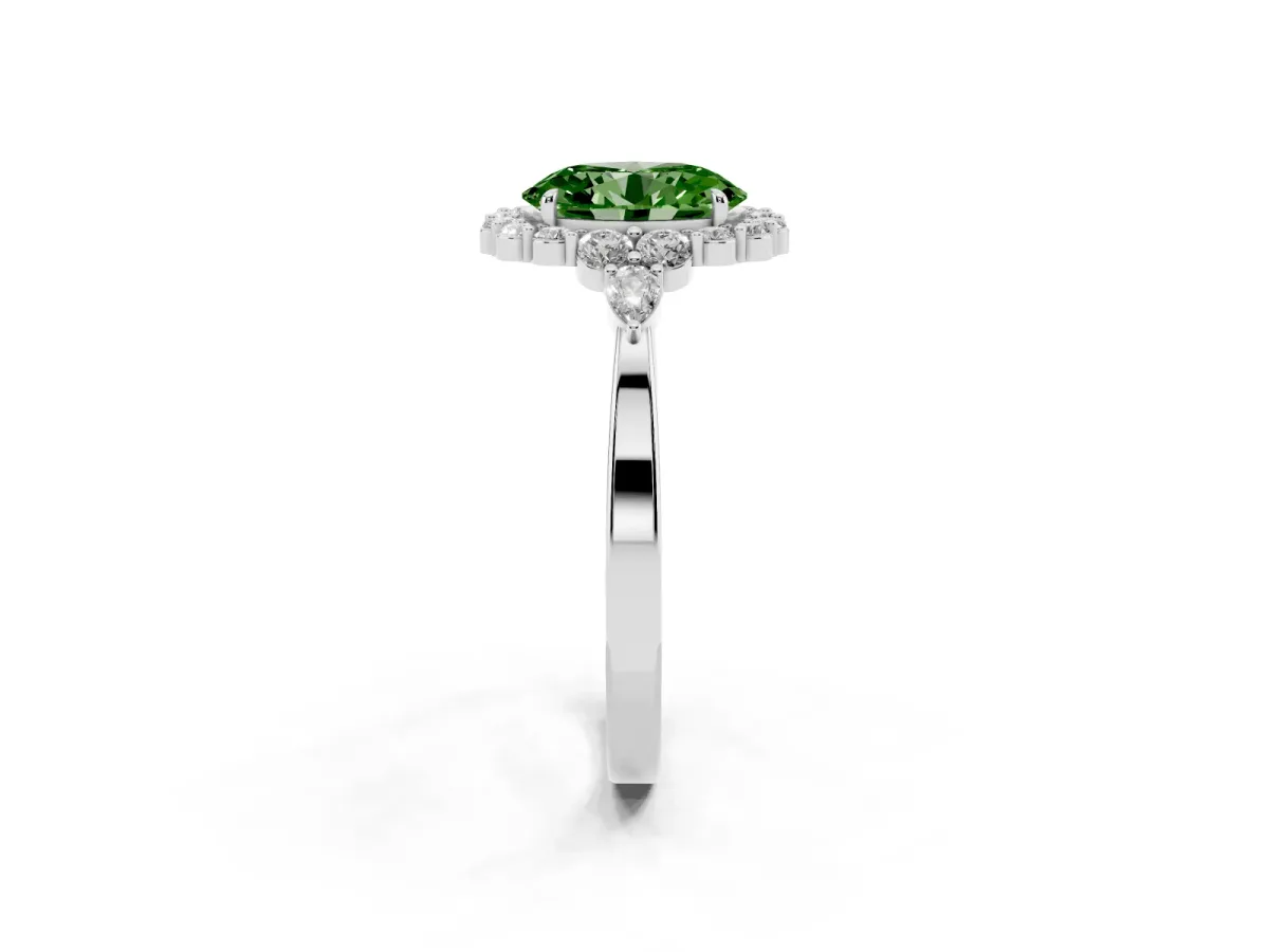 Fancy Green Oval Cut Diamond Halo Ring with Pear Side Stones and Prong Setting Silver