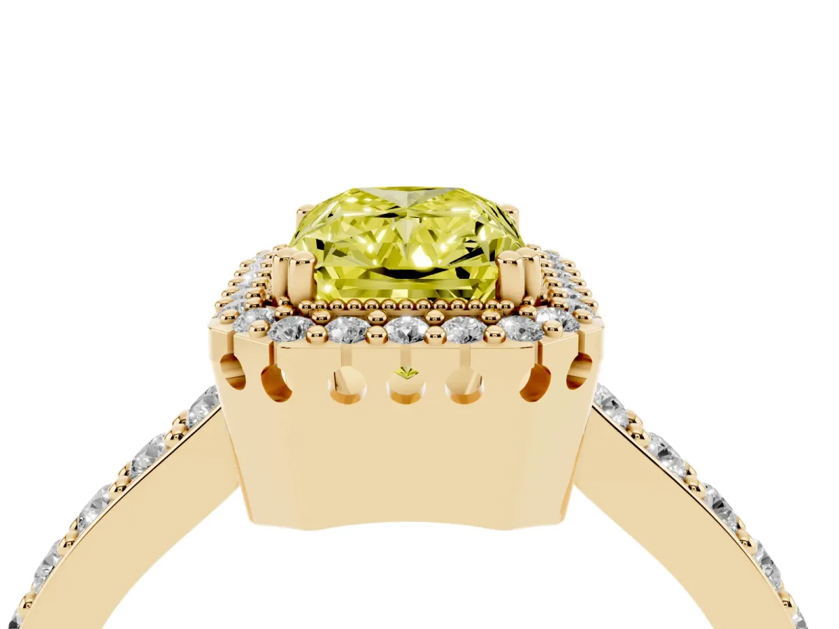 Fancy Yellow Radiant Cut Cut Diamond Halo Engagement Ring with Milgrain Detail and Pavé Band Yellow gold