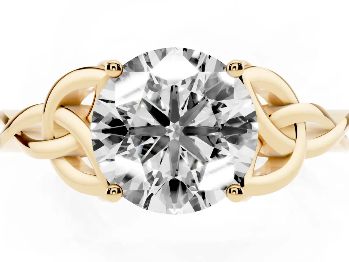 Round Cut Diamond Solitaire Engagement Ring with Celtic Knot Band and Four-Prong Setting Yellow gold