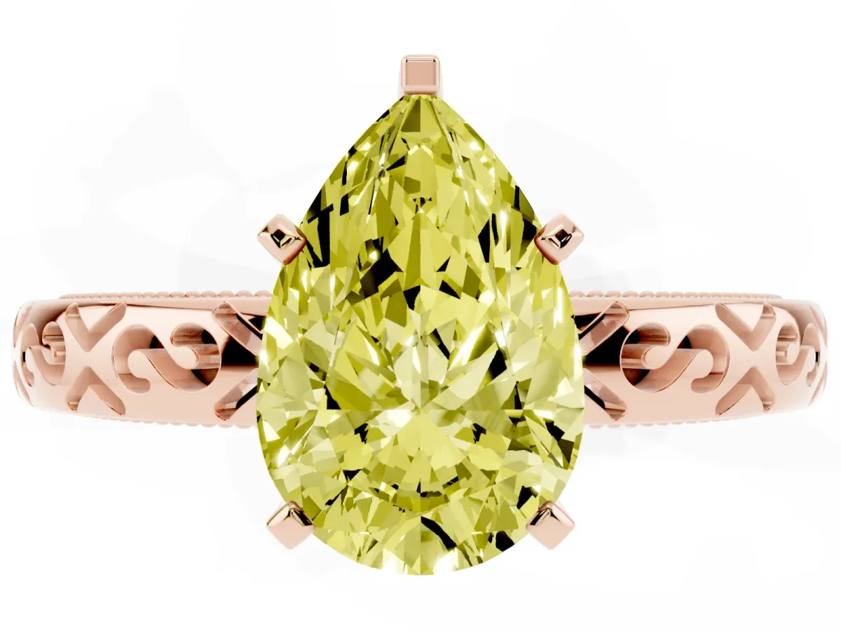Fancy Yellow Pear Cut Solitaire Engagement Ring with Scrollwork Band and Four-Prong Setting Rose gold