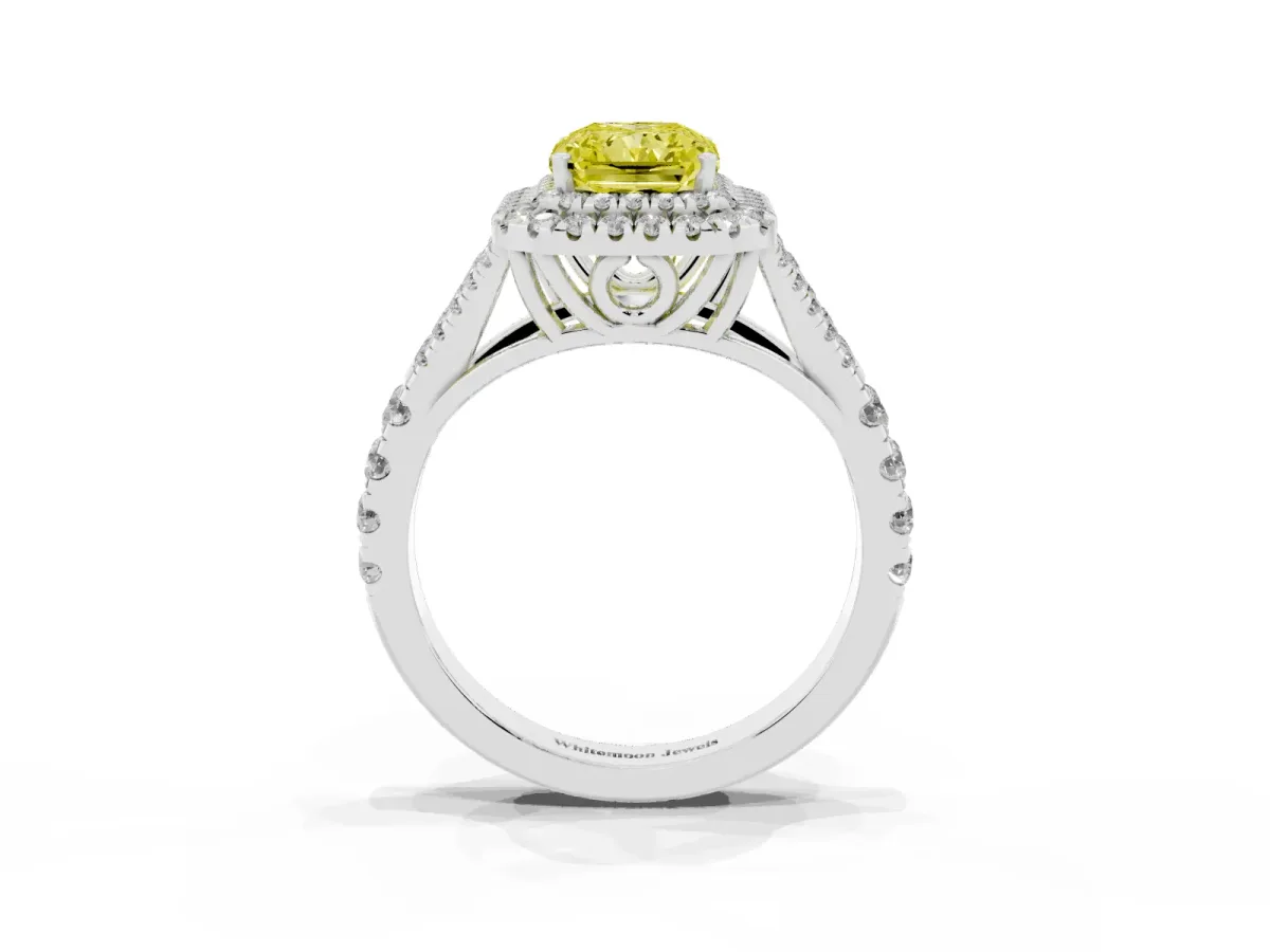 Fancy Yellow Radiant Cut Diamond Pavé Split Shank Double Halo Engagement Ring Silver