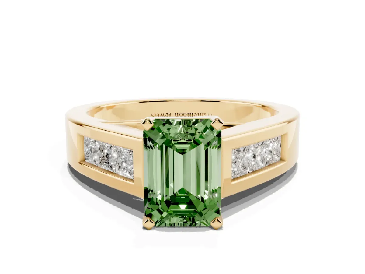 Fancy Green Emerald Cut Cut Channel Set Solitaire Ring with Four-Prong Setting Yellow gold
