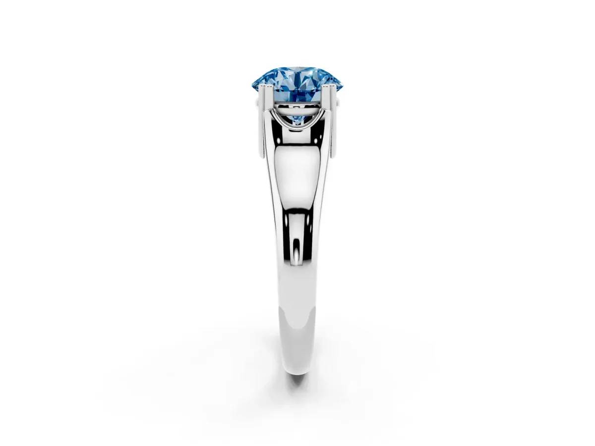 Fancy Blue Round Cut Diamond Solitaire Ring with Wide Band and Prong Setting Silver
