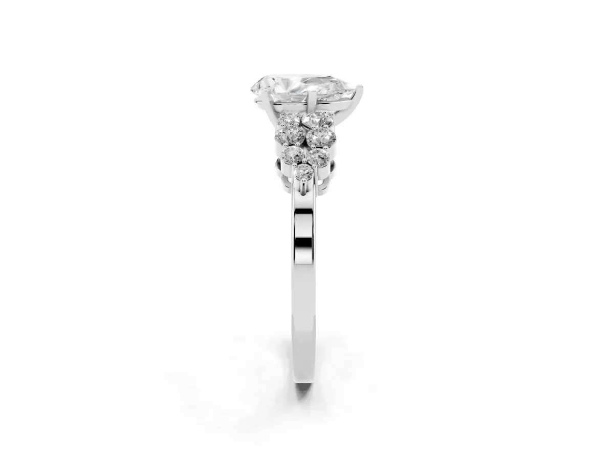 Pear Cut Cluster Diamond Engagement Ring with Pavé Band and Four-Prong Setting Silver