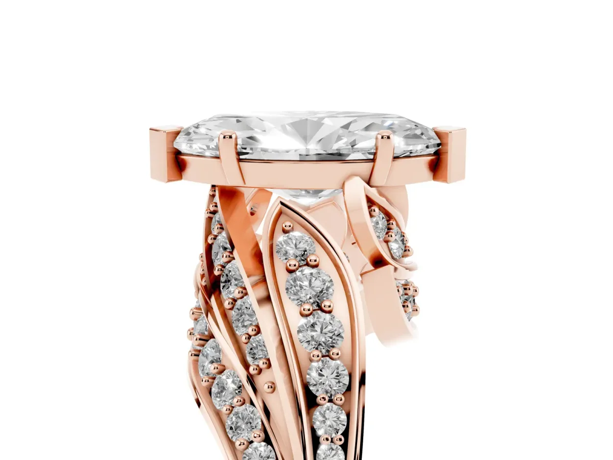 Marquise Cut Diamond Solitaire Ring with Prong Setting and Twisted Pavé Band Rose gold