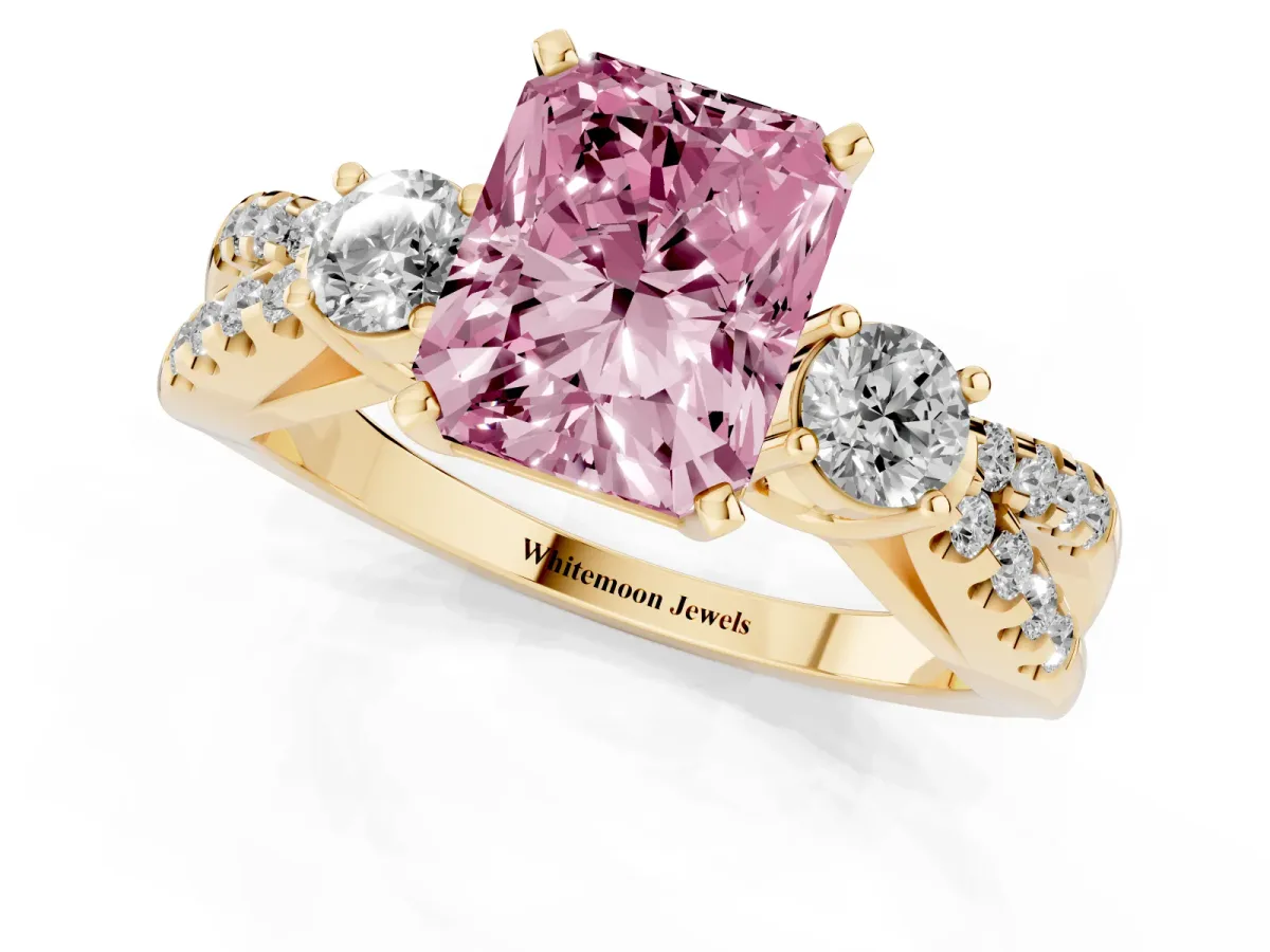Fancy Pink Radiant Cut Diamond Three-Stone Ring with Pavé Split Shank and Four-Prong Setting Yellow gold
