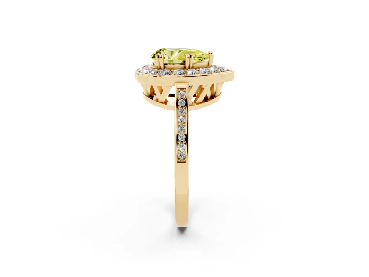 Fancy Yellow Pear Cut Diamond Halo Ring with Split Shank and Four-Prong Setting Yellow gold