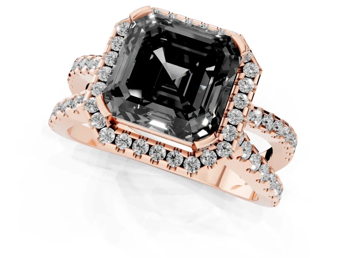 Fancy Black Asscher Cut Diamond Halo Ring with Split Shank Pavé Band and Prong Setting Rose gold