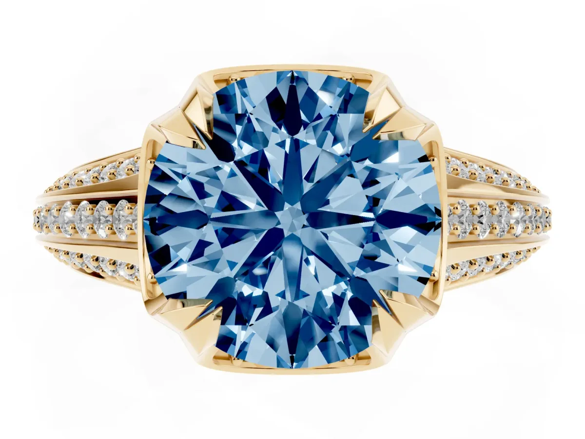 Fancy Blue Round Cut Solitaire Pave Split Shank Ring with Four-Prong Setting Yellow gold