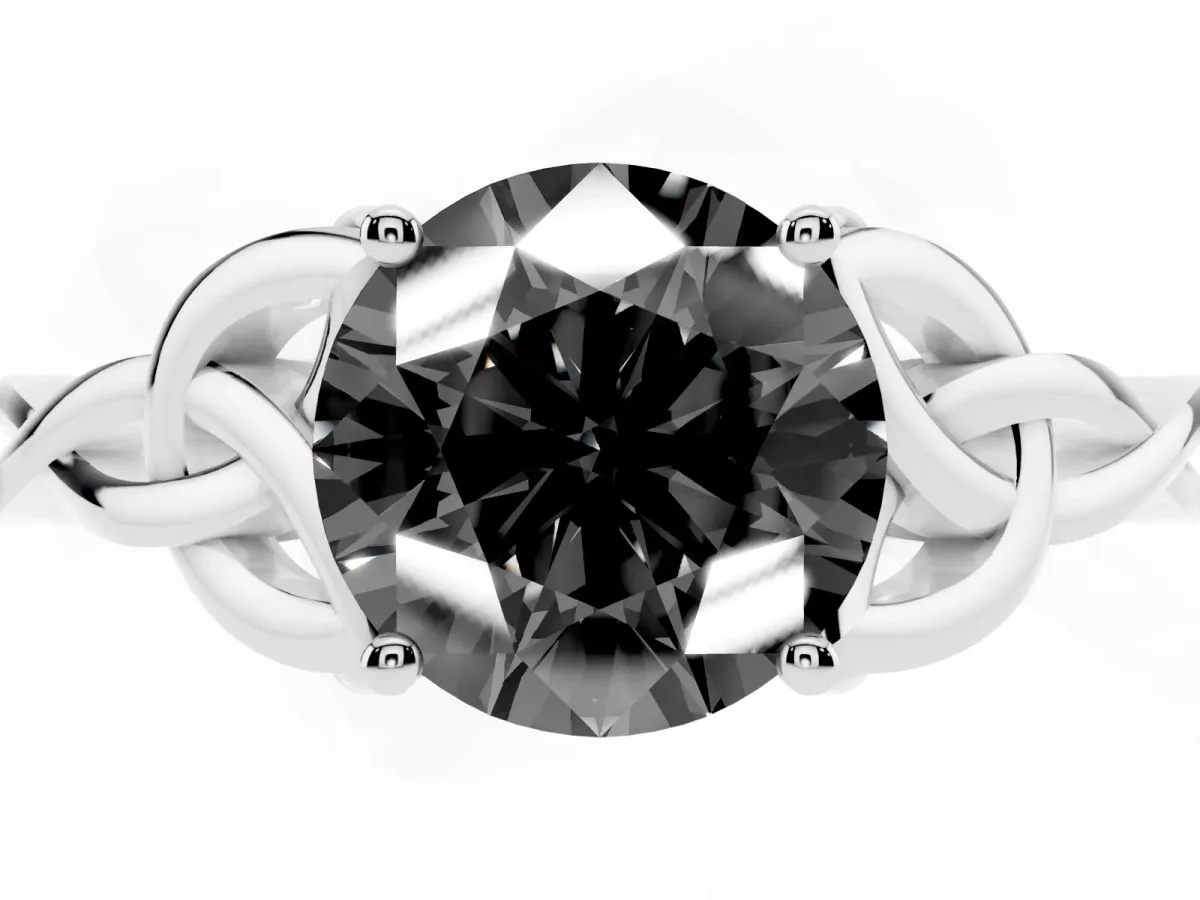 Fancy Black Round Cut Diamond Solitaire Engagement Ring with Celtic Knot Band and Four-Prong Setting White gold