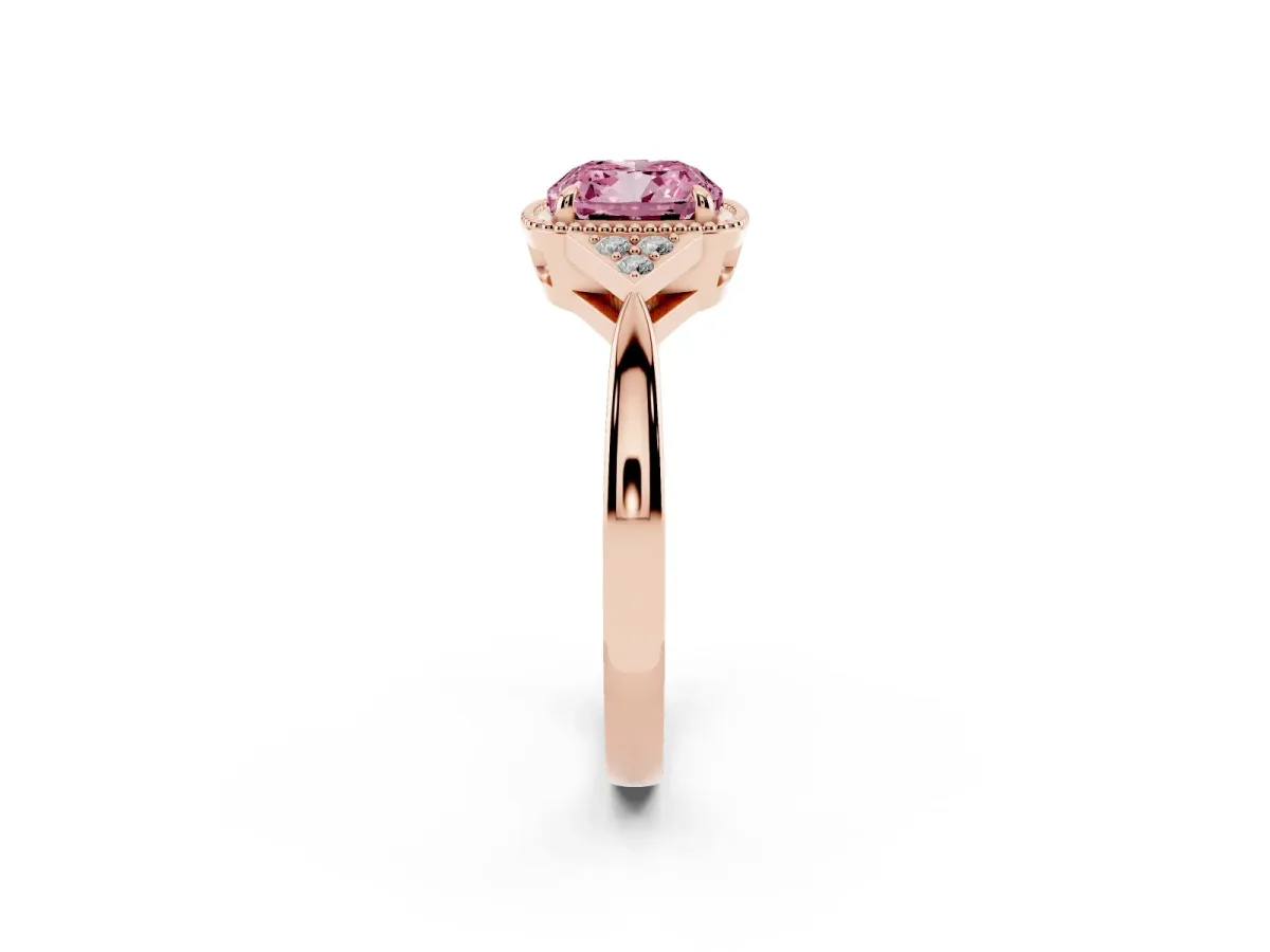 Fancy Pink Hexagonal Halo Cushion Cut Diamond Solitaire with Pavé Band and Four-Prong Setting Rose gold