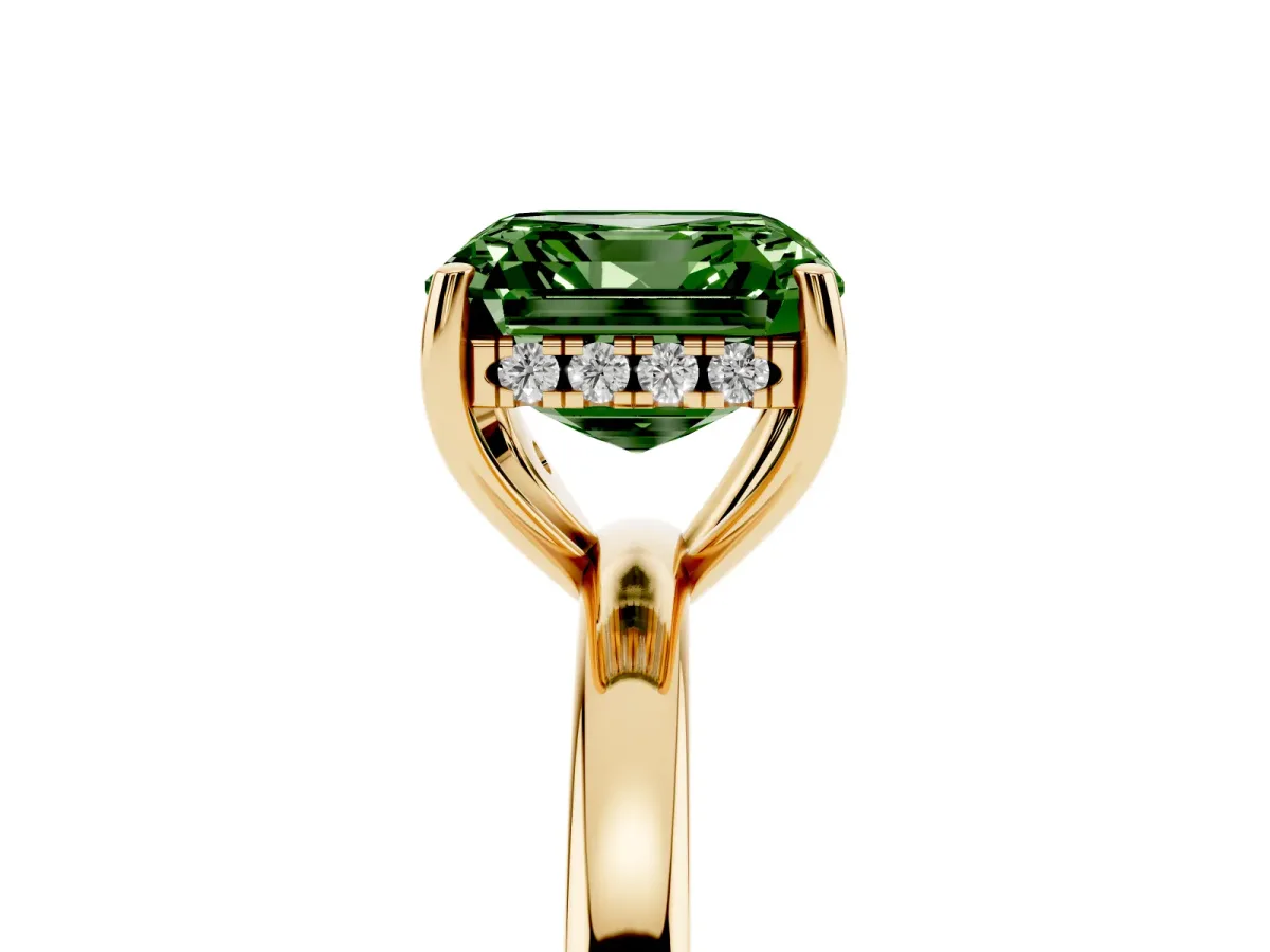 Fancy Green Asscher Cut Solitaire Diamond Ring with Prong Setting and Plain Band Yellow gold