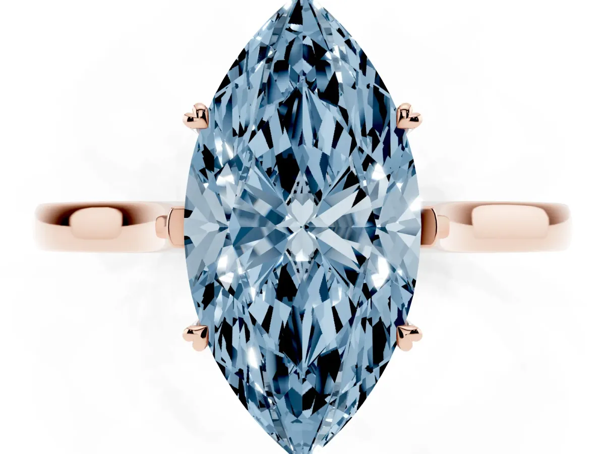 Fancy Blue Marquise Cut Solitaire Heart Prong Engagement Ring with Tapered Band Rose gold