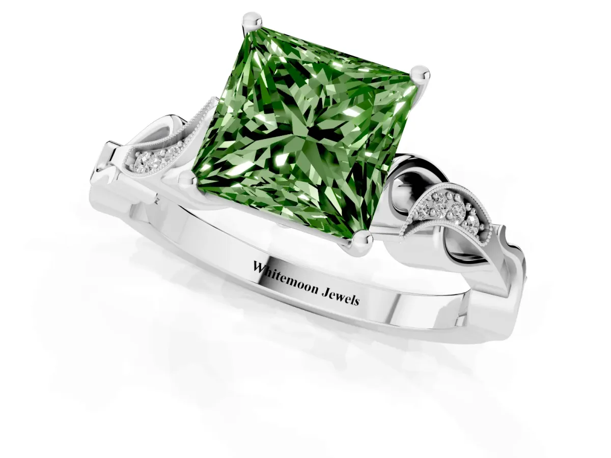 Fancy Green Princess Cut Solitaire Vine Band with Milgrain Prong Setting Silver