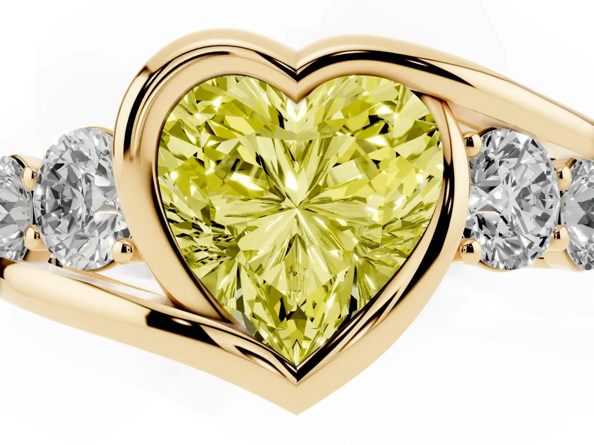 Fancy Yellow Bezel Set Heart Cut Diamond Bypass Ring with Round Accents Yellow gold