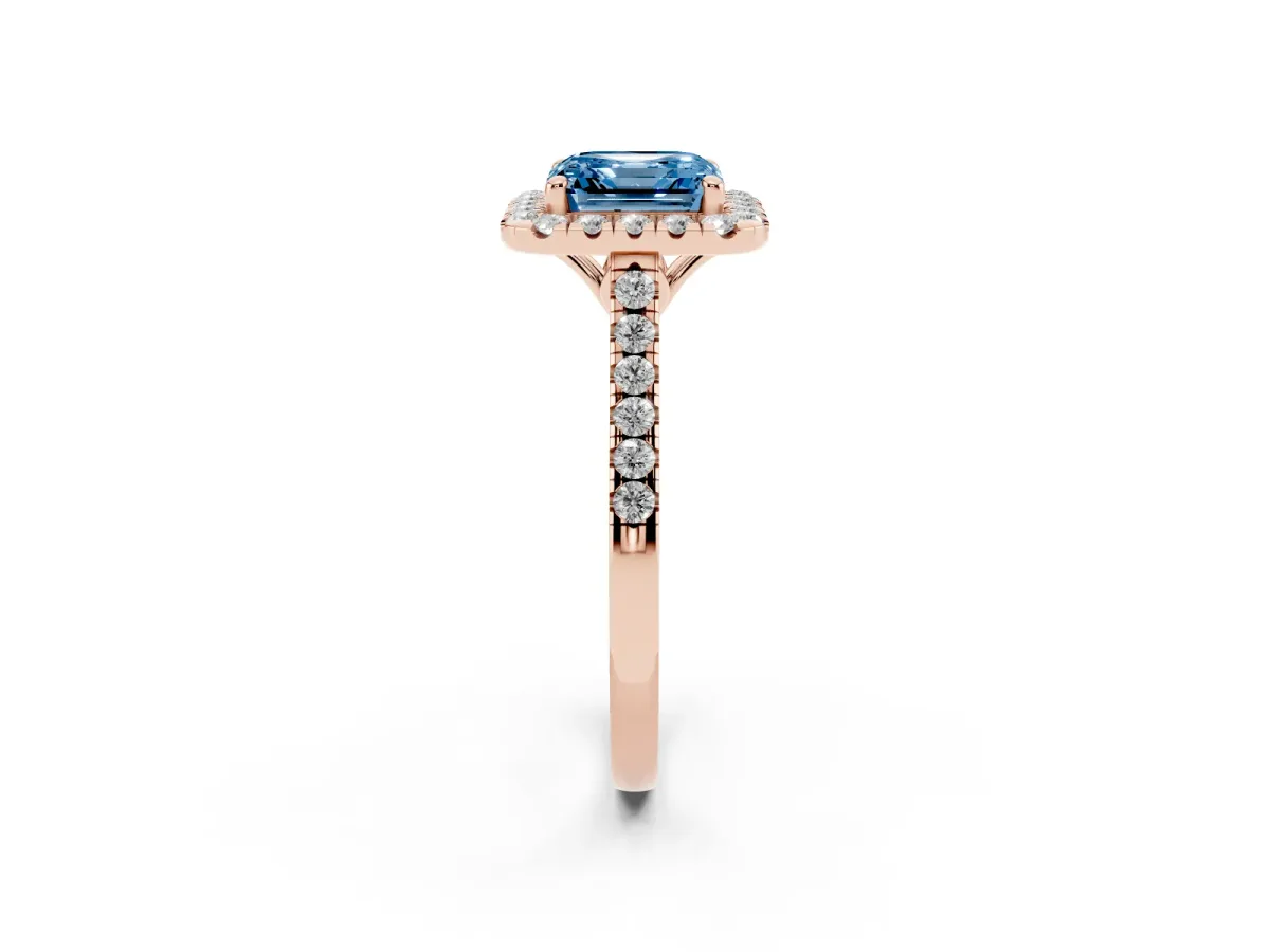 Fancy Blue Asscher Cut Halo Pavé Diamond Engagement Ring with Four-Prong Setting Rose gold