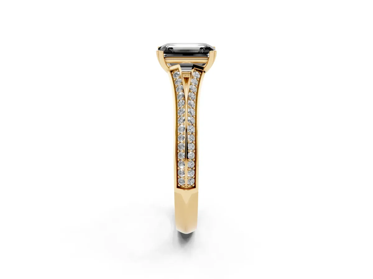 Fancy Black Emerald Cut Diamond Split Shank Engagement Ring with Pavé Band Yellow gold