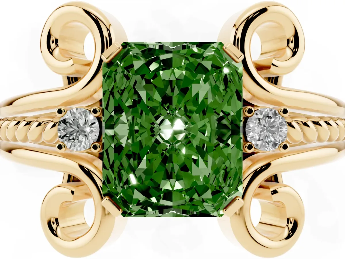 Fancy Green Radiant Cut Solitaire Twisted Band Scroll Prong Ring Yellow gold