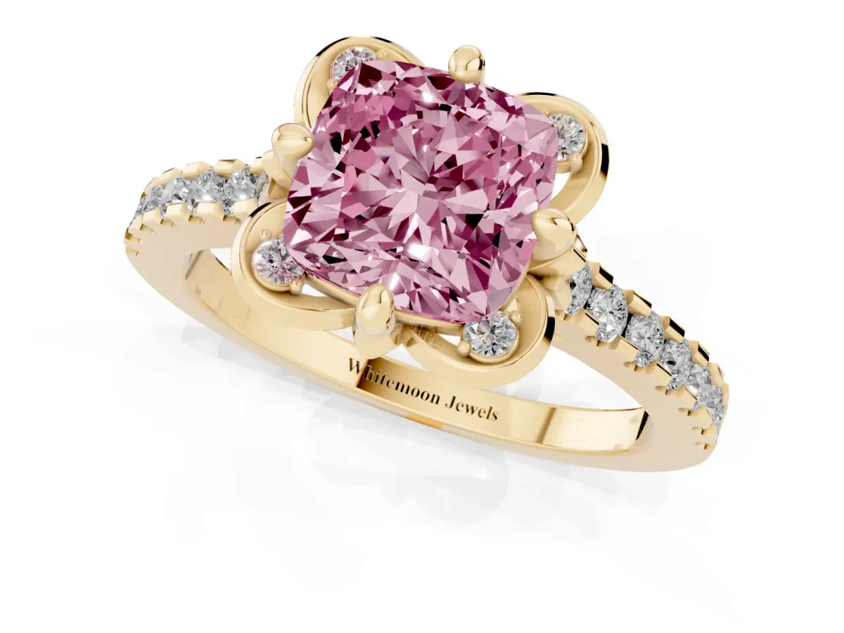 Fancy Pink Cushion Cut Diamond Ring with Pavé Band and Floral Prong Setting Yellow gold