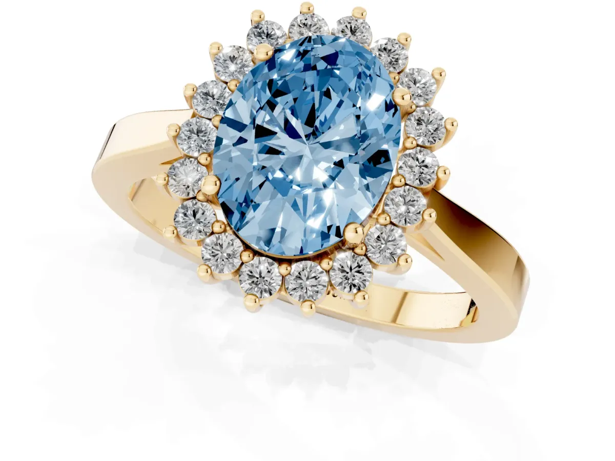 Fancy Blue Oval Cut Cut Diamond Halo Ring with Round Brilliant Halo and Solitaire Band Yellow gold