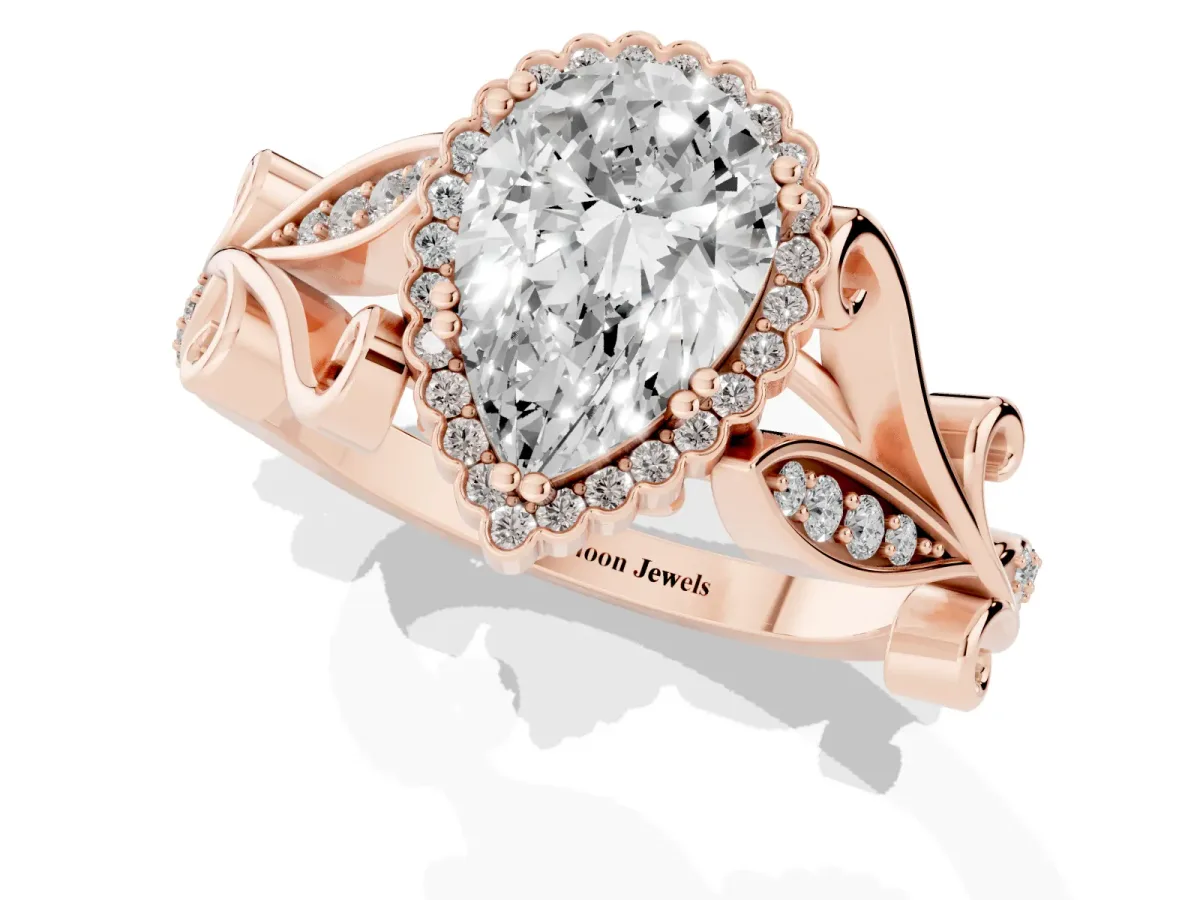 Pear Cut Diamond Halo Ring with Vintage Split Shank and Four-Prong Setting Rose gold
