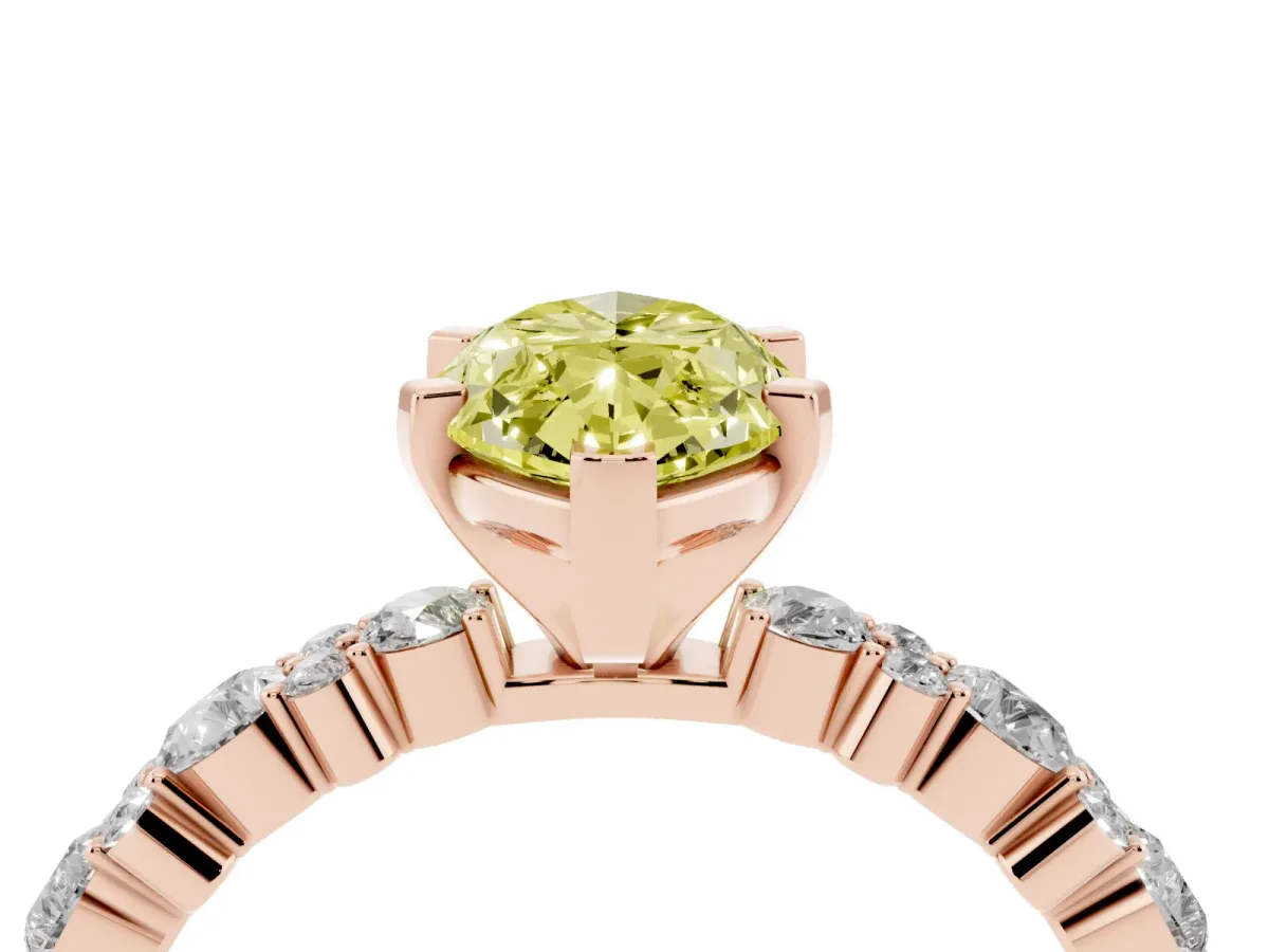 Fancy Yellow Marquise Cut Diamond Side Stone Solitaire Ring with Round and Four-Prong Setting Rose gold