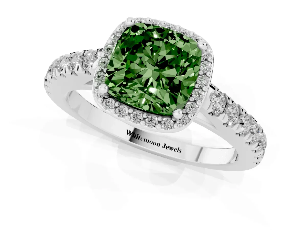 Fancy Green Cushion Cut Cut Halo Diamond Engagement Ring with Pave Band and Four-Prong Setting White gold