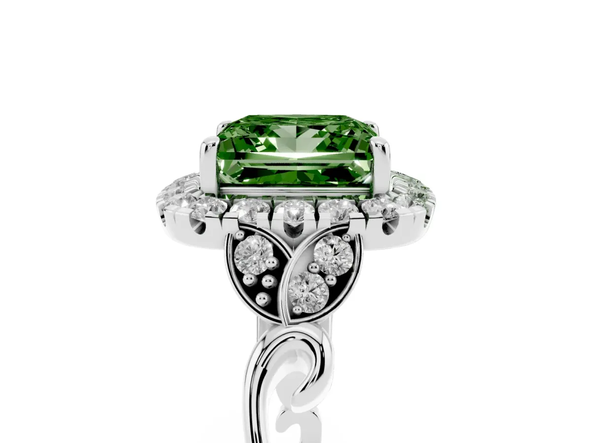 Fancy Green Princess Cut Halo Diamond Engagement Ring with Vintage-Inspired Band and Four-Prong Setting White gold