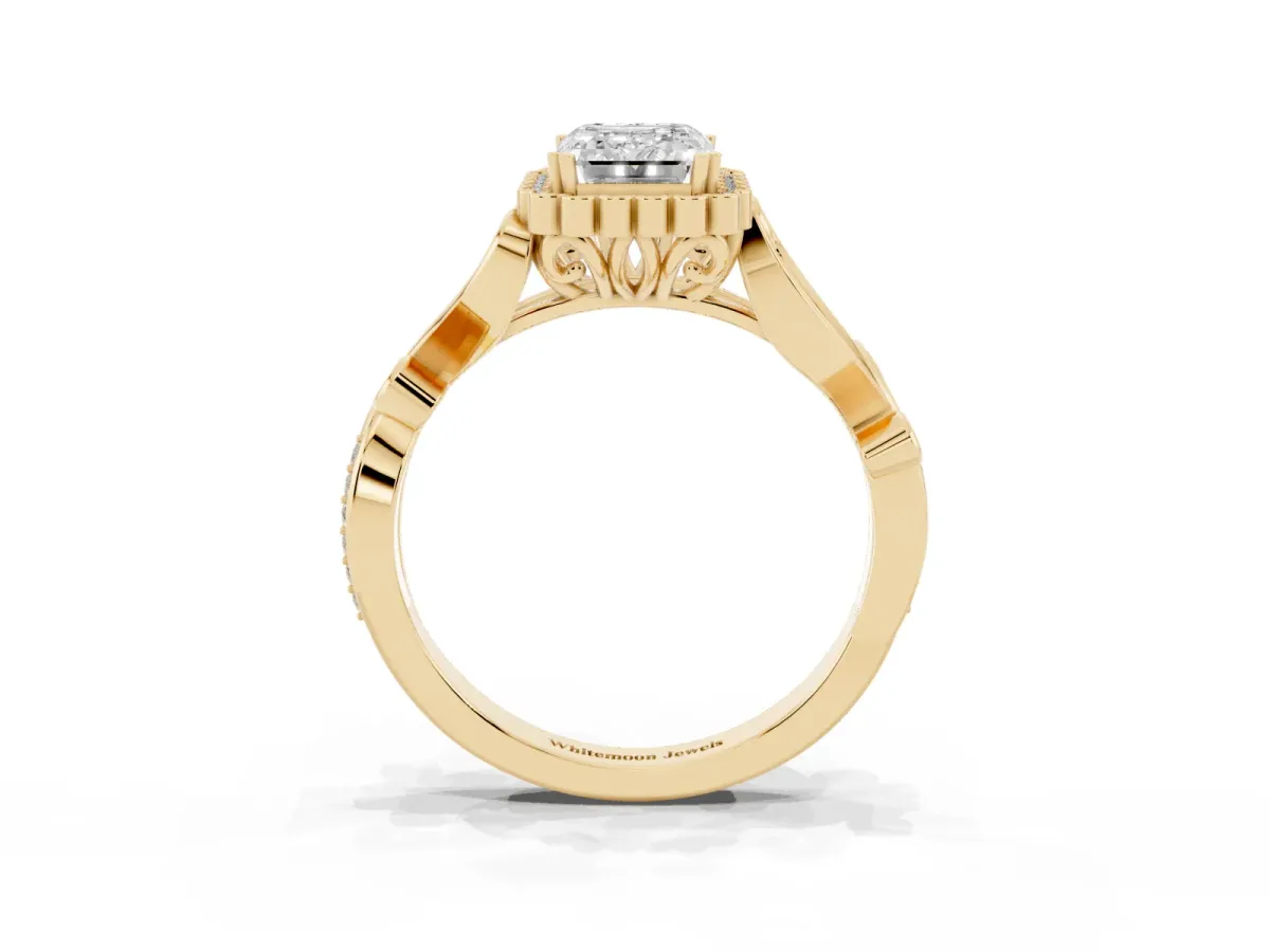 Emerald Cut Diamond Halo Ring with Vintage Split Shank and Four-Prong Setting Yellow gold