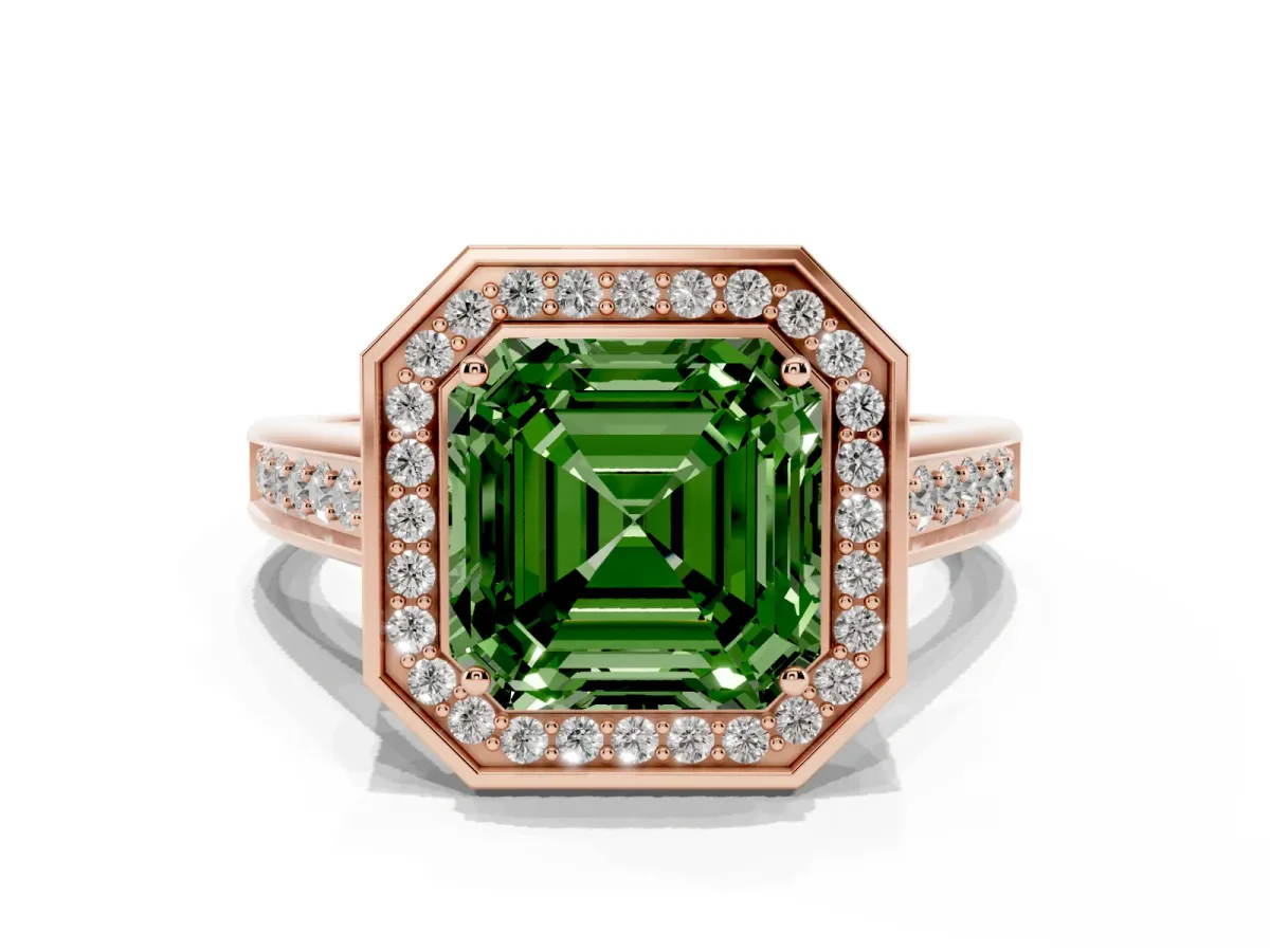 Fancy Green Asscher Cut Halo Solitaire Diamond Ring with Pave Band and Bezel Setting Rose gold