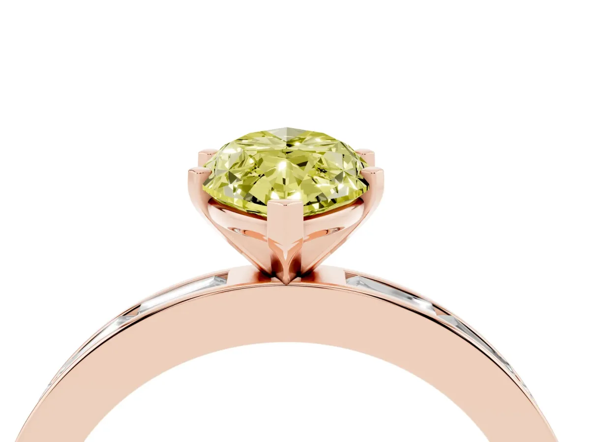 Fancy Yellow Marquise Cut Solitaire Diamond Ring with Channel-Set Baguette Band and Four-Prong Setting Rose gold