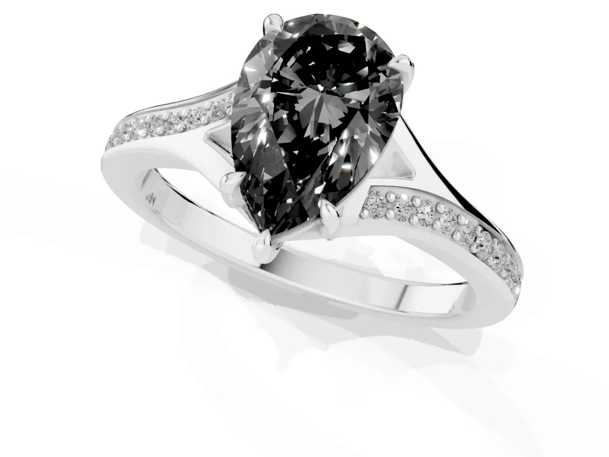 Fancy Black Pear Cut Diamond Solitaire Ring with Pavé Band and Prong Setting Silver