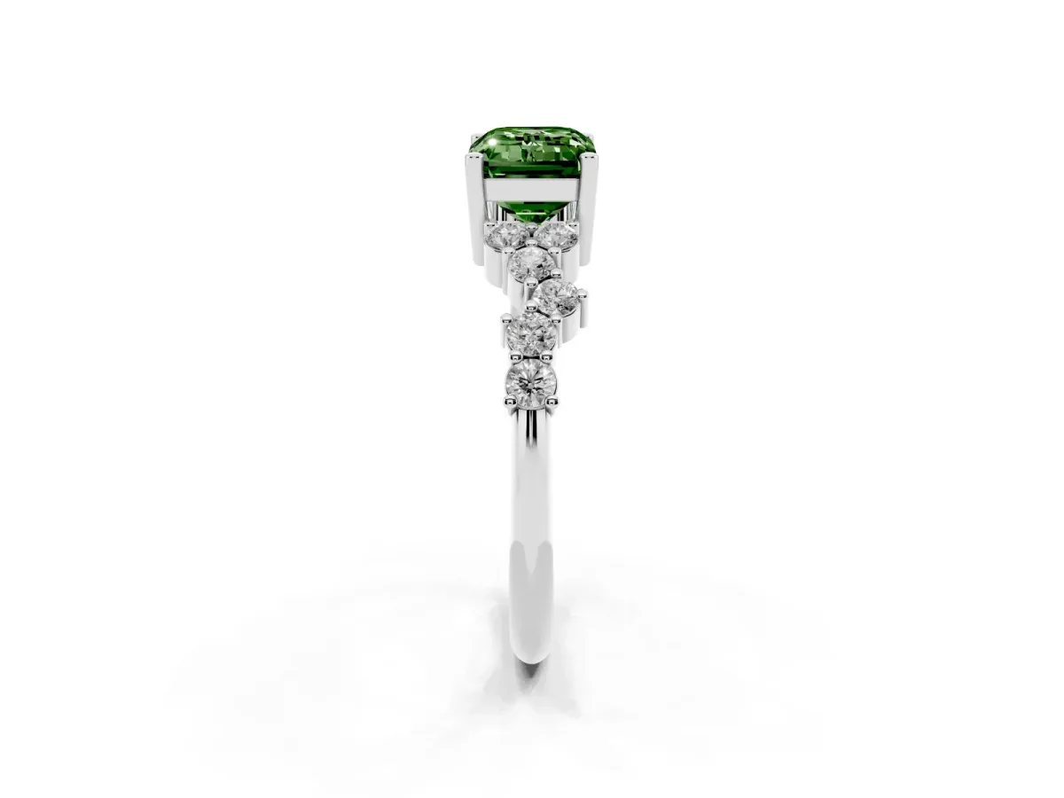 Fancy Green Emerald Cut Diamond Scattered Round Accent Ring with Prong Setting Silver