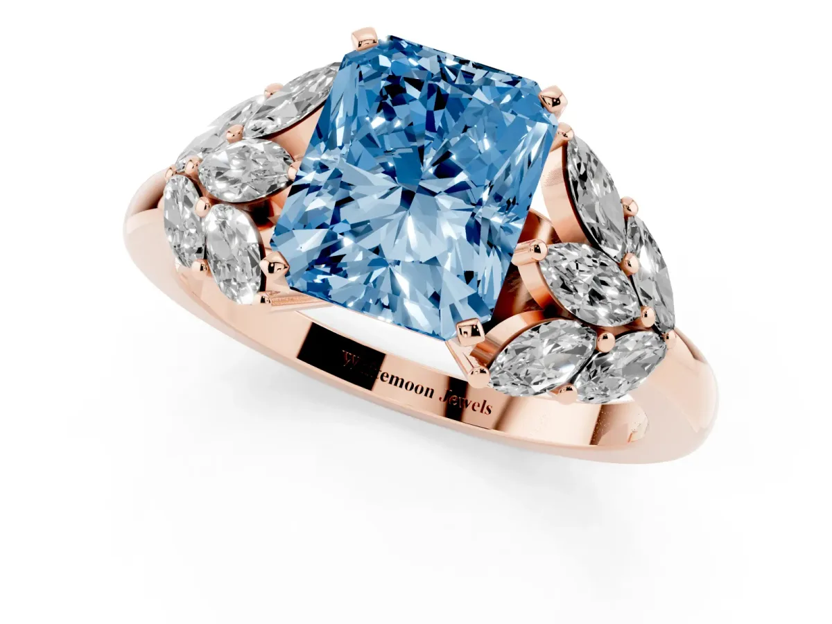 Fancy Blue Radiant Cut Diamond Cluster Leaf Design Ring with Prong Setting Rose gold