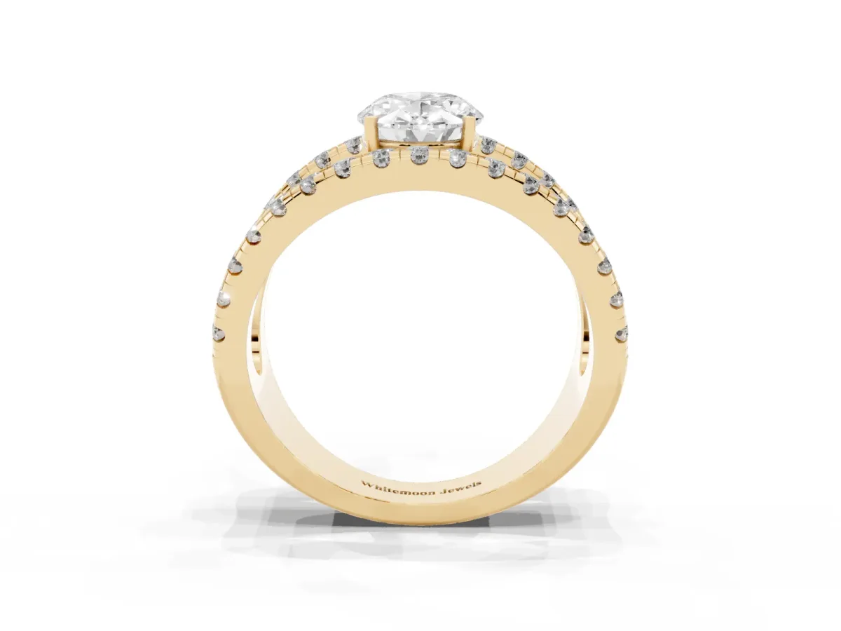 Oval Cut Solitaire Split Shank Pave Diamond Ring Yellow gold