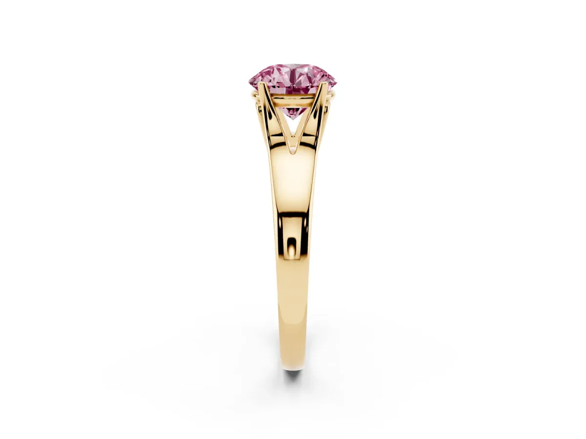 Fancy Pink Round Cut Solitaire Diamond Ring with Cathedral Band and Four-Prong Setting Yellow gold