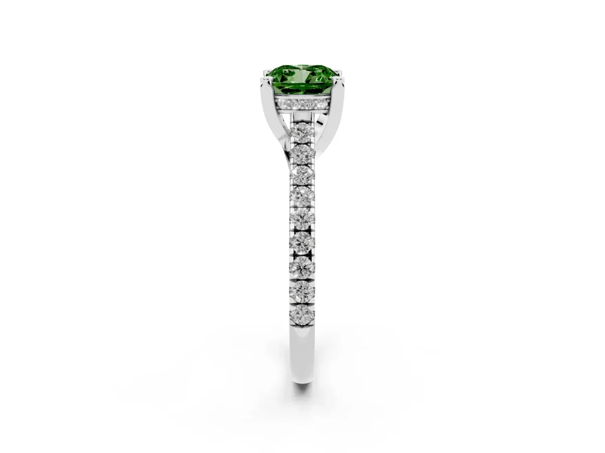 Fancy Green Cushion Cut Brilliant Diamond Solitaire with Pavé Band and Four-Prong Setting Silver