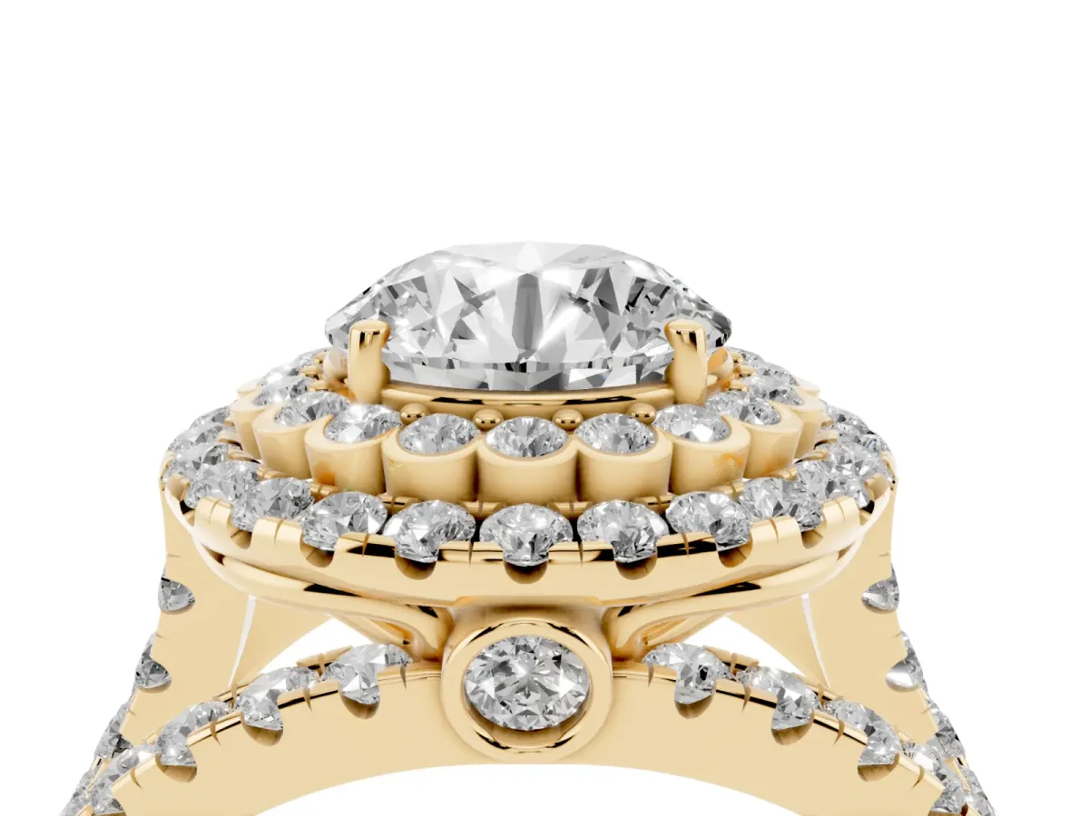 Round Cut Diamond Double Halo Ring with Round Pavé Split Shank and Prong Setting Yellow gold